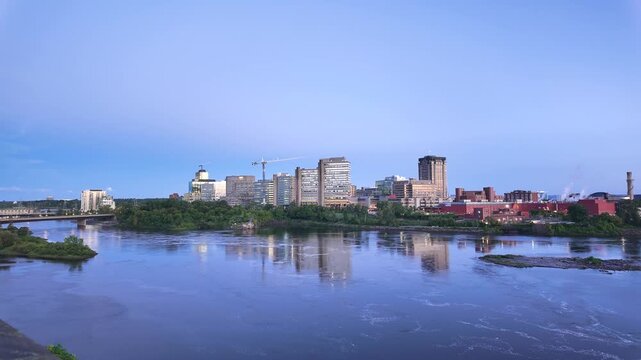 Gatineau, Quebec, Canada - October 14, 2026: Modern urban skyline and Place du Portage office complex situated along the Ottawa River waterfront