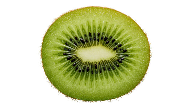 Isolated fresh, vibrant green kiwi fruit slice with black seeds and textured skin detail.