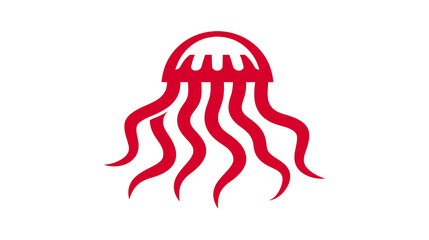 Isolated red stylized jellyfish symbol with flowing tentacles and unique code N (1437) © Johan