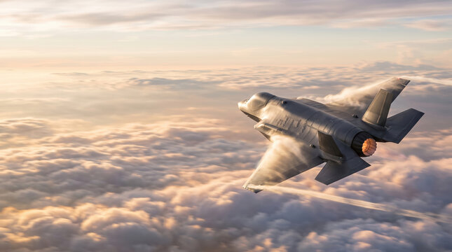 A stealth fighter jet cruises above dense clouds as the setting sun casts a warm glow over the powerful aircraft during high-altitude flight