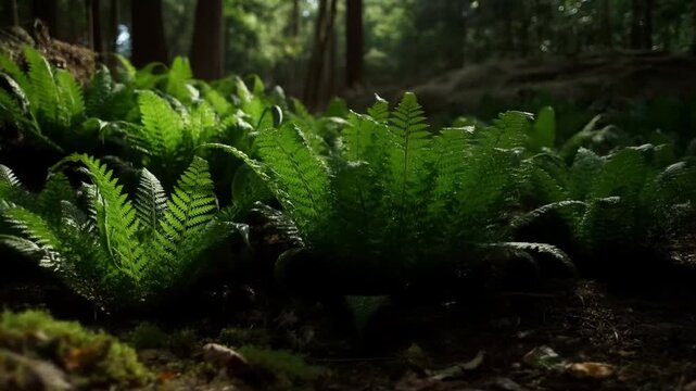 Broadleaved woodland plants cluster across a mossy forest floor in dappled light