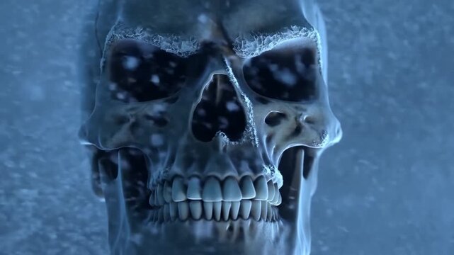 Human skull encased in ice against blue background with suspended particles
