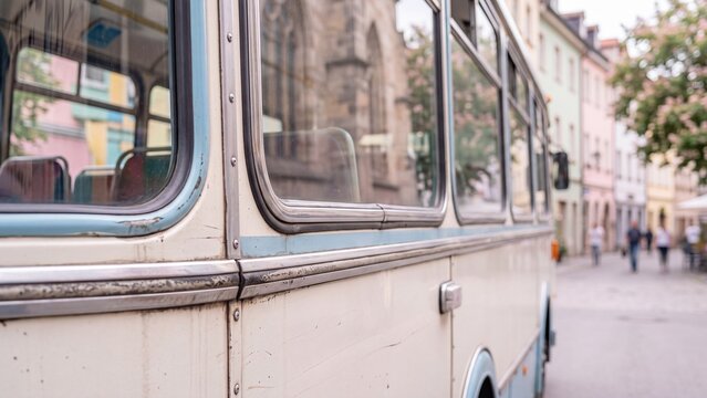 Close up of a vintage cream bus with weathered textures and dynamic perspective on street