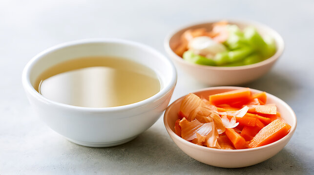 Homemade clear vegetable broth in a white bowl with bowls of fresh mirepoix ingredients including carrot, celery, onion on grey table