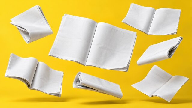 blank white newspapers flying and floating in midair with folded and open pages against bright yellow background