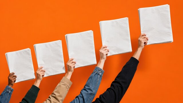 five hands holding blank white newspapers in ascending order against bright orange background