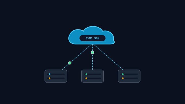 Animated blue cloud icon with sync progress bar starting at zero percent on dark background, perfect for technology presentation, website, and app UI design