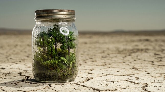 Glass jar containing last miniature green forest on barren cracked earth, last ecosystem captured biodiversity loss concept, conservation environmental fine art photography