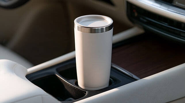 White travel mug sit in car cup holder inside vehicle, insulated stainless steel container hold hot beverage during morning commute drive