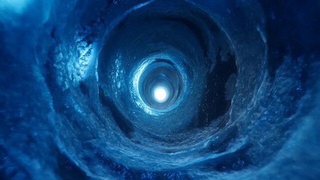Blue ice tunnel surrounds a bright opening amid layered walls of a frozen cavern