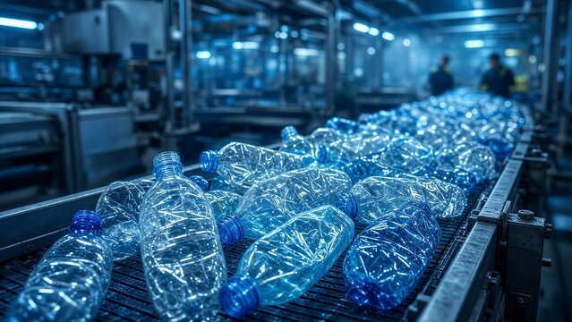 Bouteilles en plastique PET sur un convoyeur de tri dans une usine de recyclage &eacute;clair&eacute;e en bleu