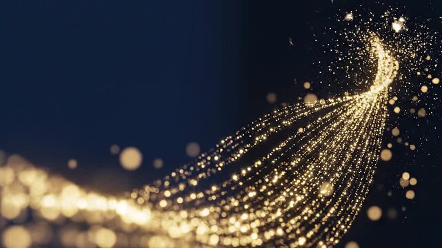濃紺の背景を金色の光の粒子が曲線を描いて流れる映像