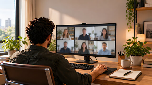 Remote Team Member Joining Video Meeting From Home Computer