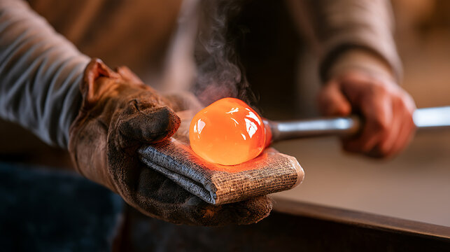 Close up view of skilled artisan hands shape glowing hot molten glass sphere with wet wooden block tool in traditional hot shop studio