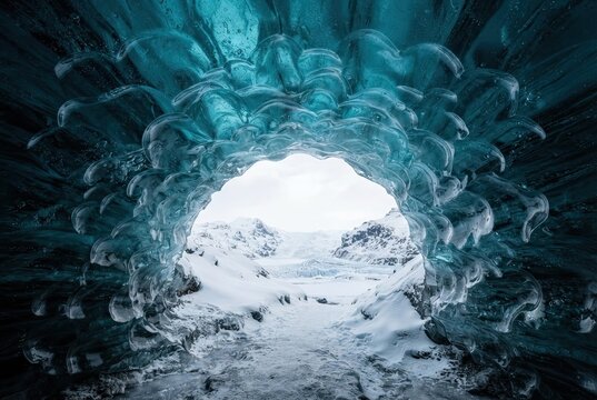 Ice cave interior featuring glowing blue crystalline walls framing a distant view of snowy mountains.