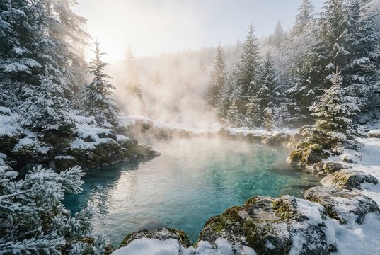 Geothermal hot spring pool steaming amidst a snow-covered pine forest during a freezing winter morning.