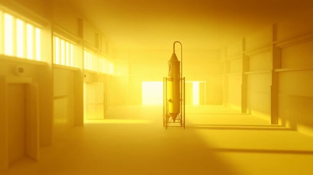 Industrial tank stands in an empty factory hall filled with golden haze