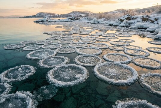 Circular ice formations floating on the surface of a cold lake during the winter season at sunset.