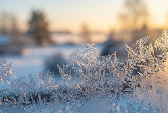 Frost crystals forming intricate patterns on a window glass pane during a cold winter morning sunrise.