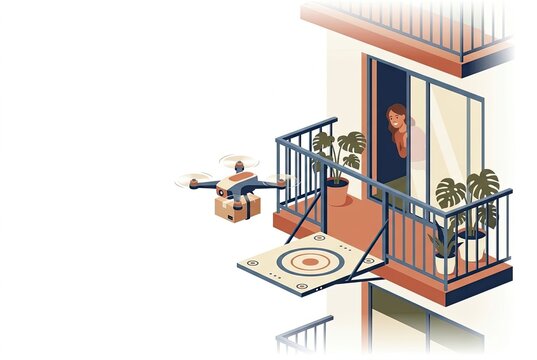 Delivery drone carrying a package towards a modern apartment balcony landing pad where a person is waiting.