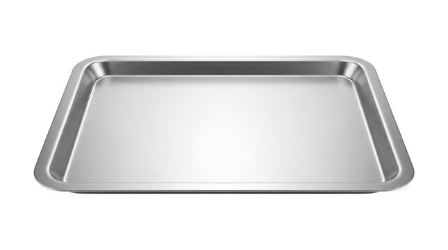 Polished stainless steel tray on white background, rectangular metallic baking sheet, empty silver food platter for catering and kitchen service.