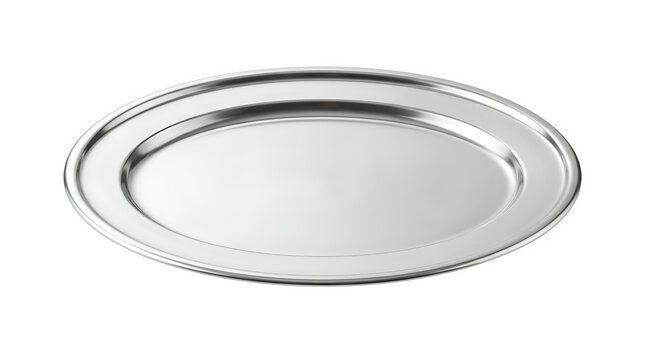 Stainless steel oval serving tray, polished metallic platter for catering, empty chrome food plate isolated on white, professional kitchenware