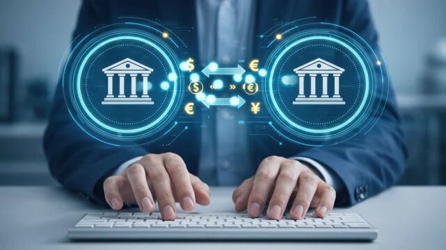 Hands typing on keyboard with floating bank to bank international money transfer hologram