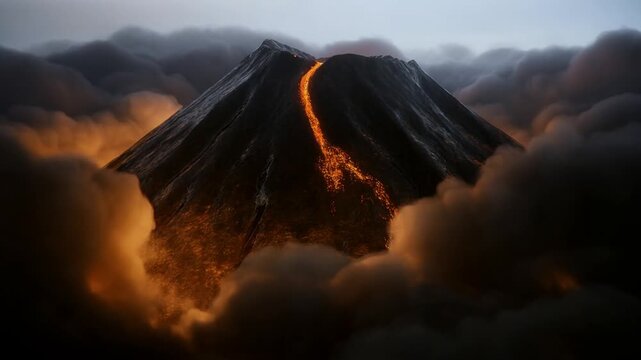 Active volcano sends glowing lava down its dark slope amid dense surrounding clouds