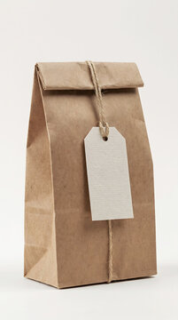 Kraft paper pouch with blank hanging tag and twine for artisanal packaging mock up