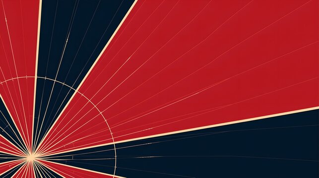 Bold constructivist sunburst background in red and navy with thin cream rays and a dotted arc, an abstract radiating design for posters, banners and covers