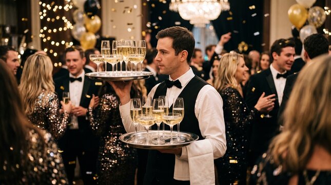 Waiter serving champagne to guests at a glamorous party with falling confetti and festive lights
