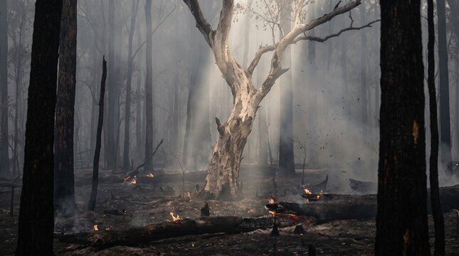 Lone white tree standing in a smoky burnt forest aftermath.