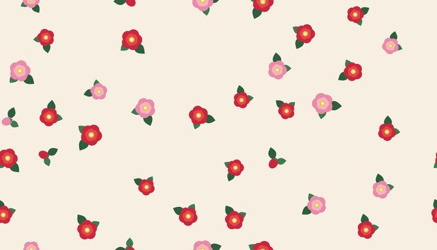 Seamless pattern of red and pink Japanese camellia flowers for New Year