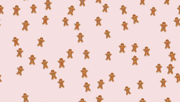 Seamless pattern of cute gingerbread man cookies with icing on pink background