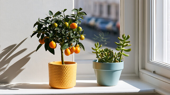 Potted kumquat citrus tree and succulent plant sit on a bright sunlit window sill in home interior decor with natural morning light
