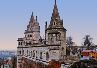 Fishermans Bastion walls and turrets above the Danube Budapest © Arnold