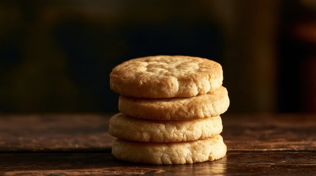 Three handmade butter biscuits are neatly stacked on a dark wooden surface. A warm light highlights their baked texture.