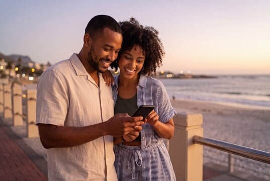 Young Couple Looking at Smartphone Together on Coastal Promenade at Sunset
