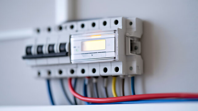 Modern electronic circuit breaker panel with digital meter and connected colorful wires mounted on a clean white wall for residential use