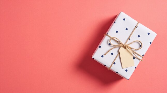 Wrapped Gift Box with Polka Dots and Tag on Pink Background
