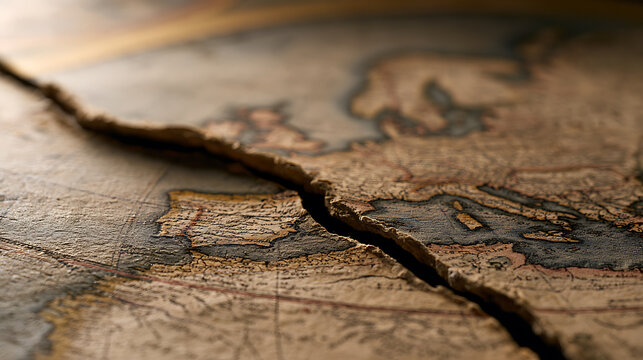 A detailed close up view of an ancient vintage map torn in half across the globe showing continents with a dramatic cinematic dark lighting