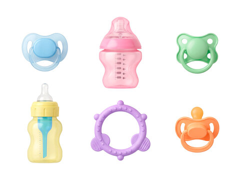 Collection of baby feeding bottles and pacifiers in various colors and shapes for infant care and comfort PNG Isolated on transparent background