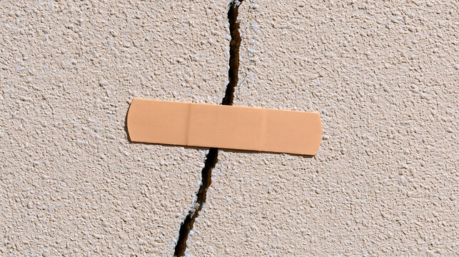 Adhesive bandage placed over a deep vertical crack in a textured concrete wall, representing quick temporary repair and poor solution concept