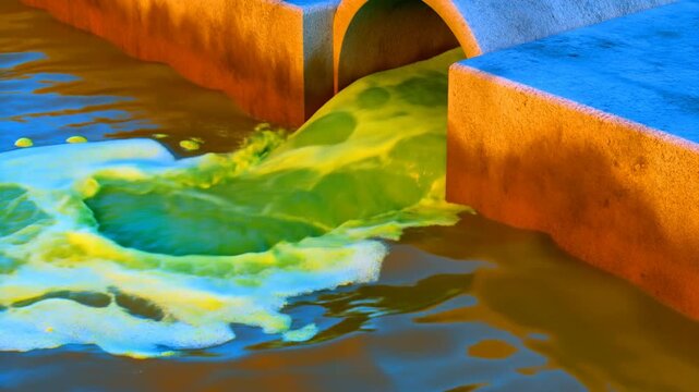 Discolored water pours from a concrete culvert into a rippling stream with foam
