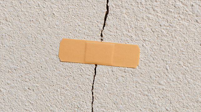 Adhesive bandage fix crack on white concrete wall, conceptual metaphor for temporary solution, quick fix, damage repair, and maintenance