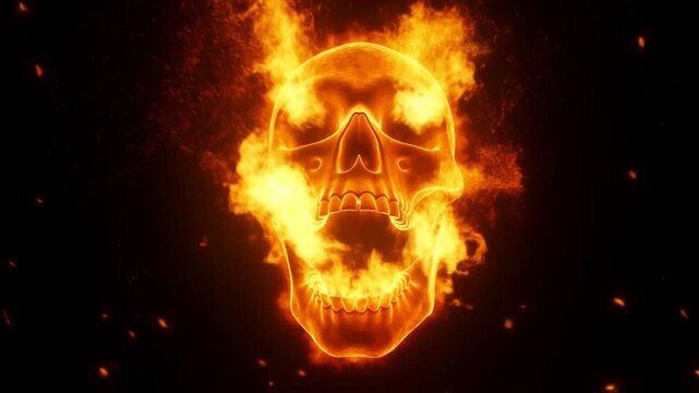 Fiery skull burns amid bright flames and scattered embers against a black background