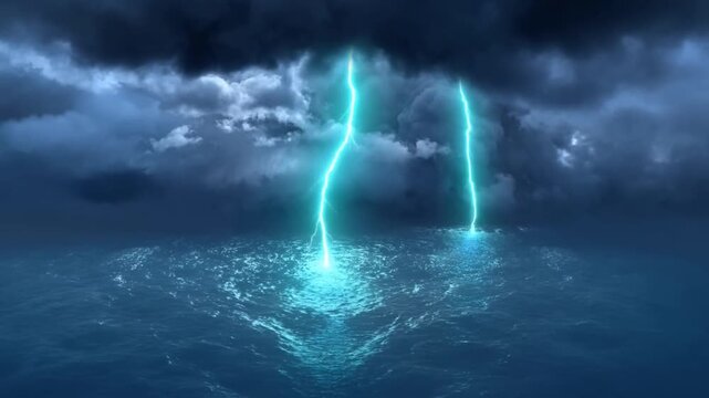 Lightning flashes within dense storm clouds over a dark, open sky
