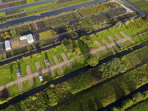 Aerial view of a green garden landscape with parked cars and straight paths, camper, motorhome site, campsite, located between two canals, Boskoop, province of South Holland, Zuid-Holland, Netherlands