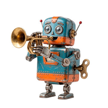 Vintage tin toy robot playing a brass trumpet with a wind-up key on its side PNG Isolated on transparent background