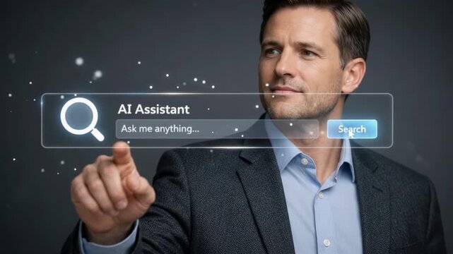 Businessman pointing at floating AI assistant ask me anything search input bar in office